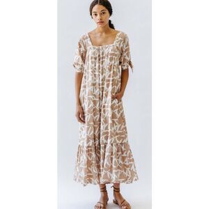 Beige Floral Midi Dress with Tie Sleeves